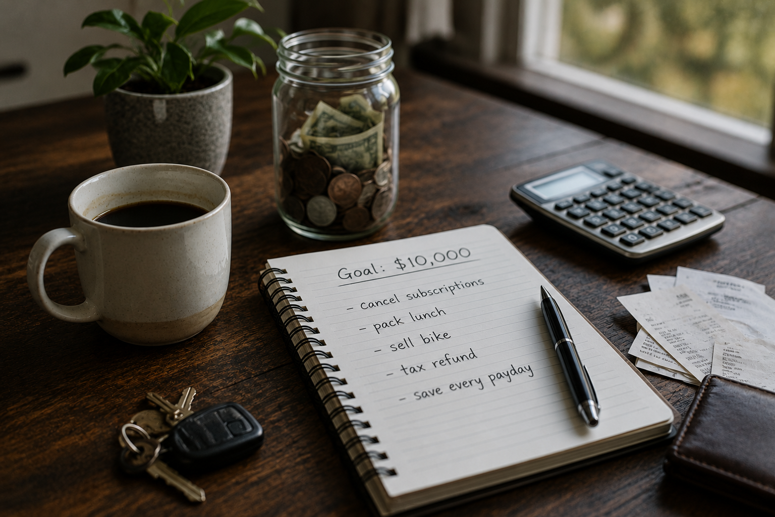 Notebook with a ten-thousand-dollar savings goal beside a calculator, coffee, and a savings jar
