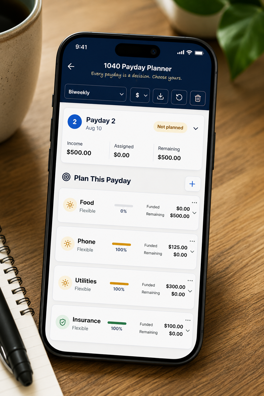 A smartphone displaying the 1040 Payday Planner with a biweekly paycheck and priorities