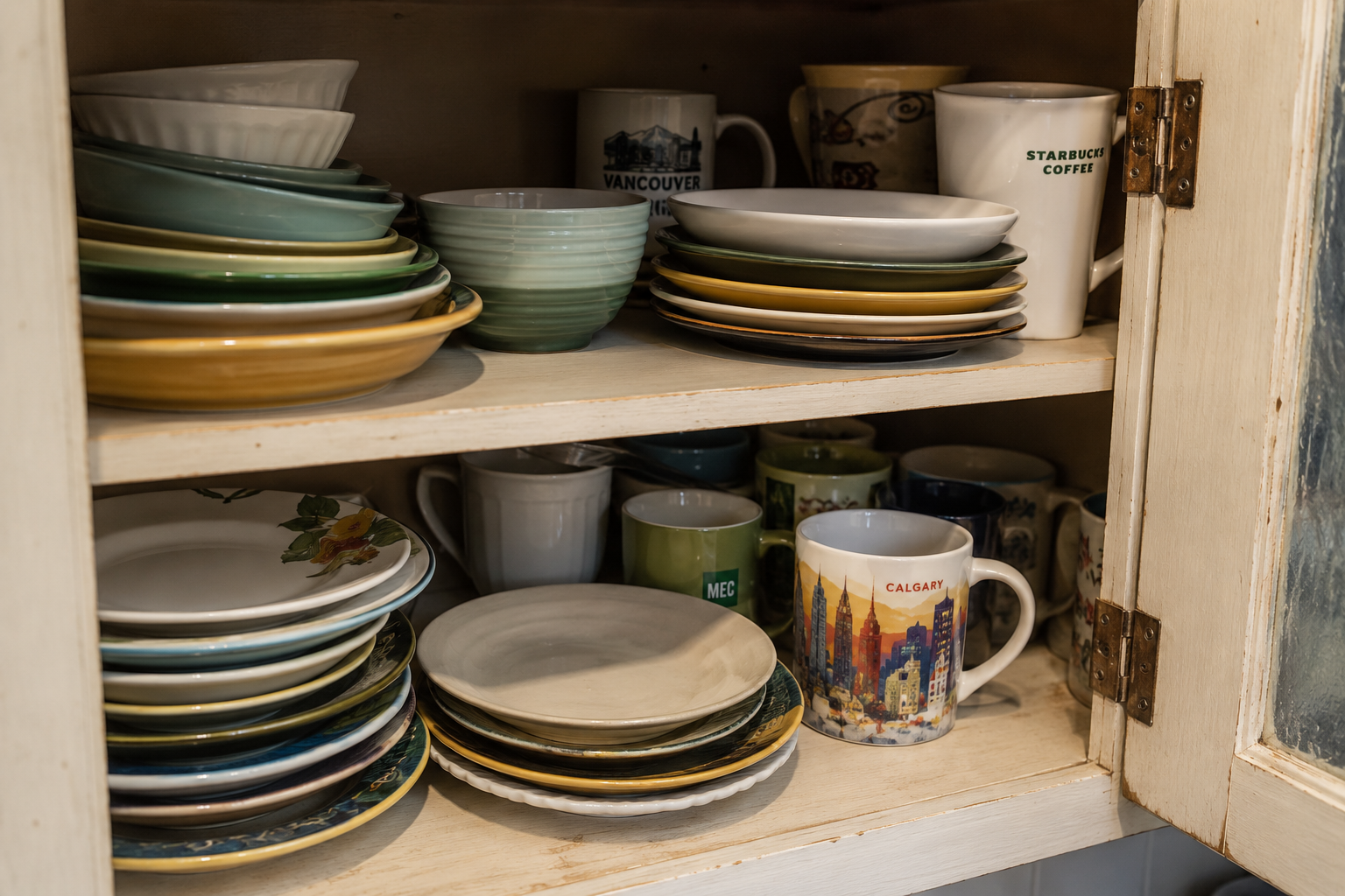 A cupboard filled with mismatched plates, bowls, and mugs