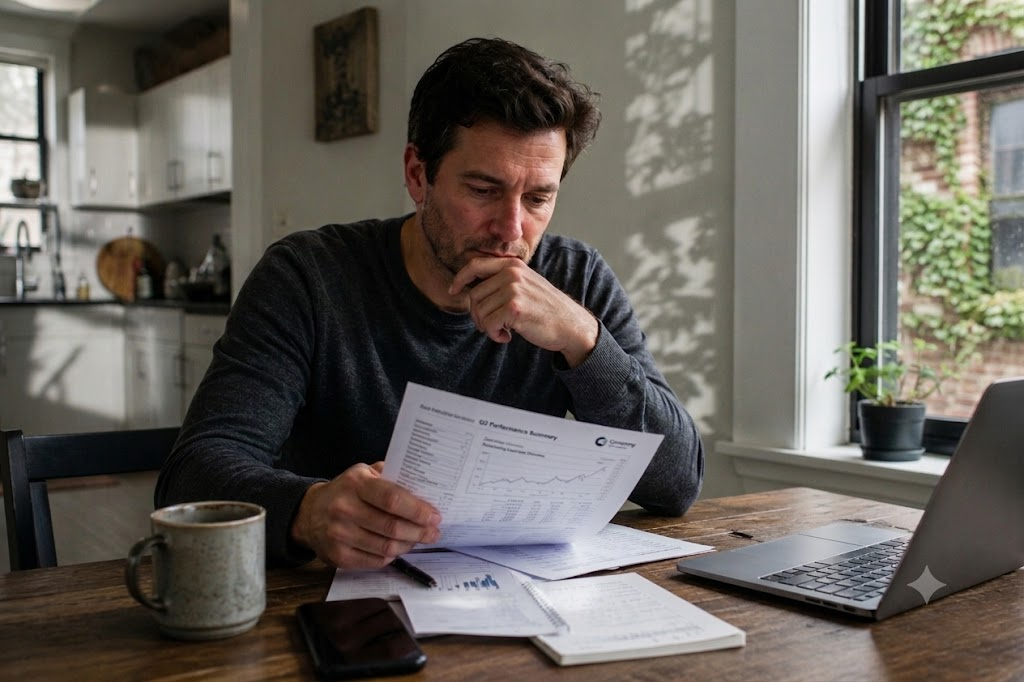 Man reviewing investment performance papers at a kitchen table beside a laptop
