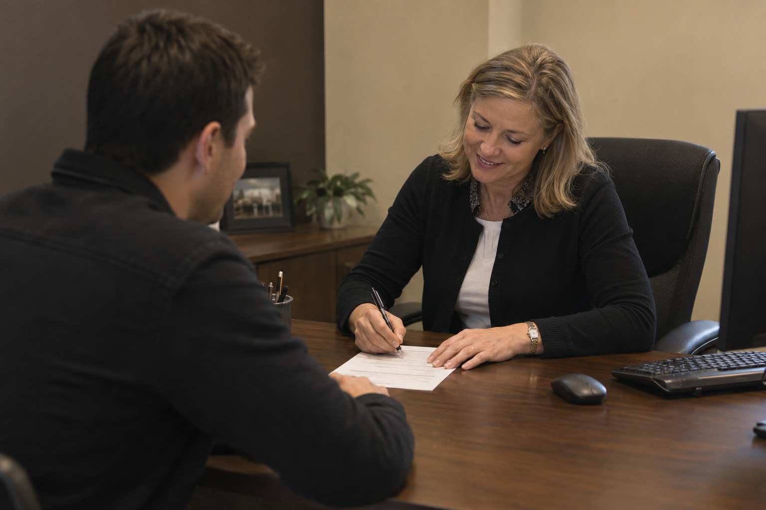 A banker helping a customer review mortgage paperwork at a desk