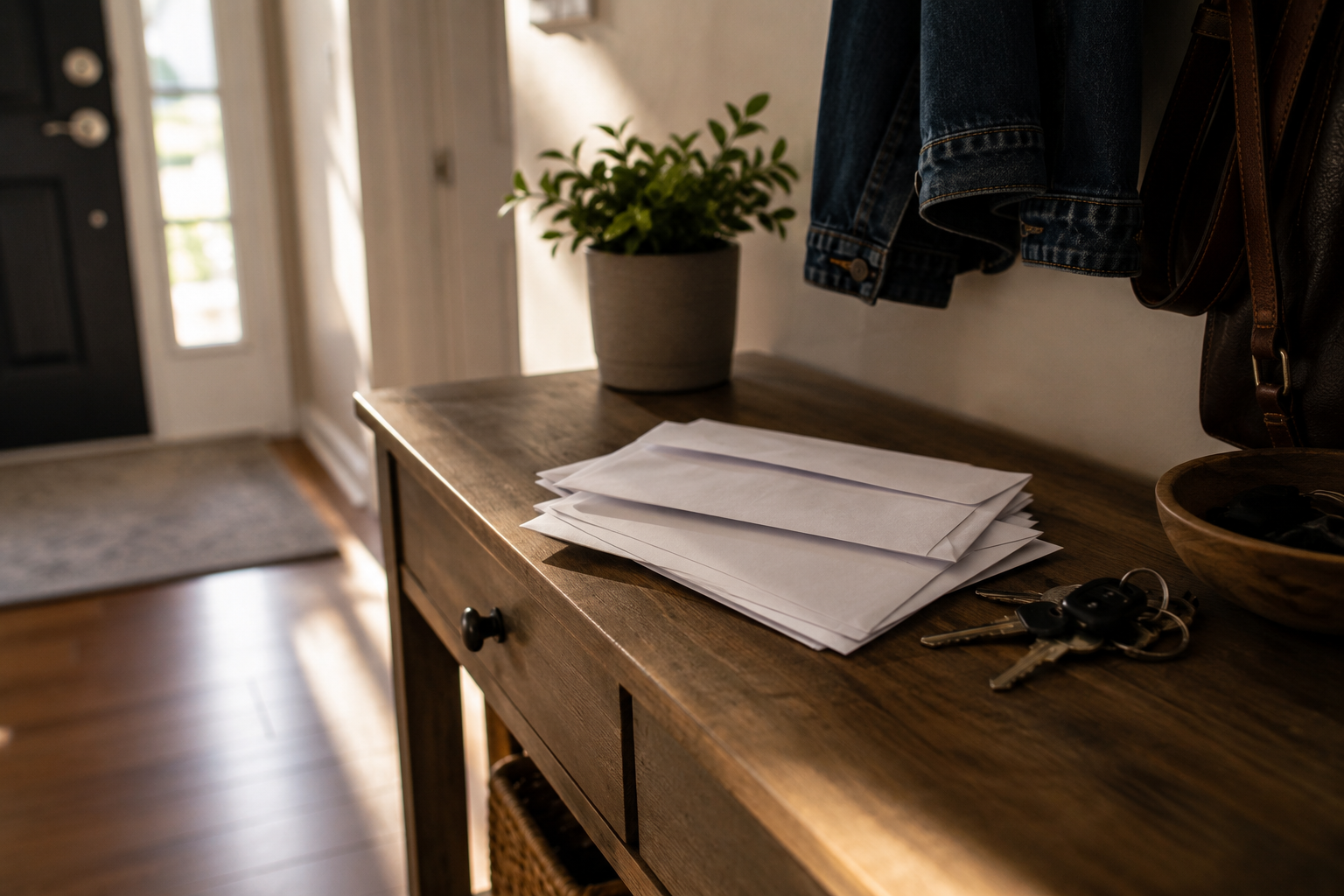 A telephone and an overdue heating bill resting on an office desk