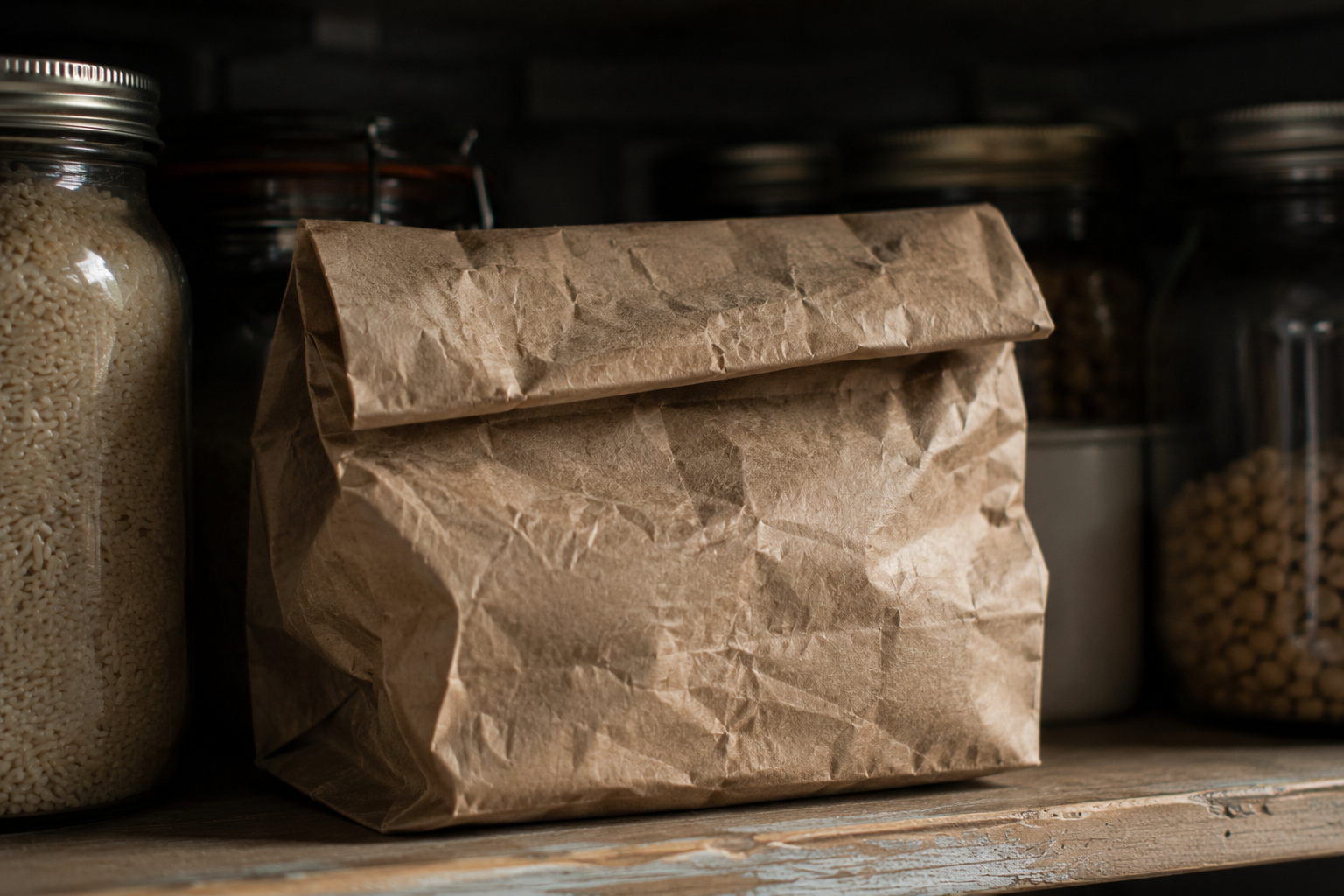 A brown paper bag filled with sprouting potatoes beside wilted flowers in garden pots