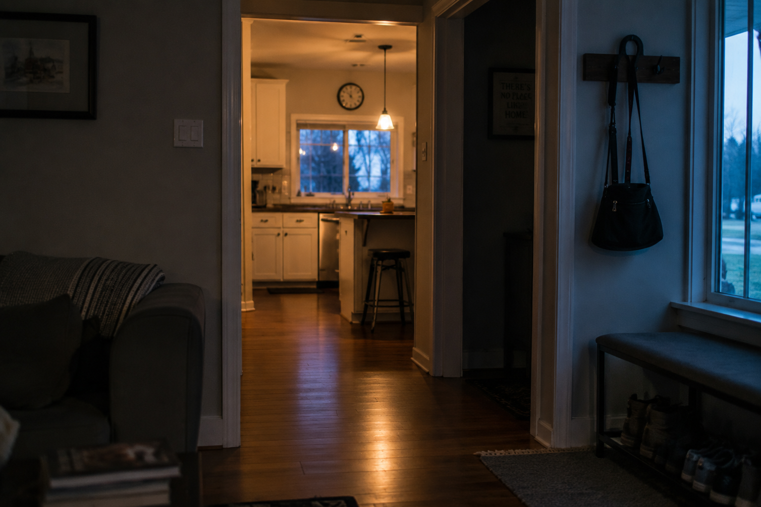A dim hallway looking toward a warmly lit kitchen at evening