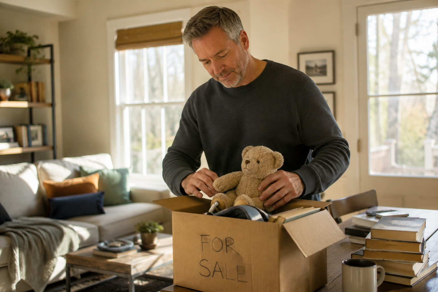 A man gently placing a teddy bear into a box marked for sale in a warm living room