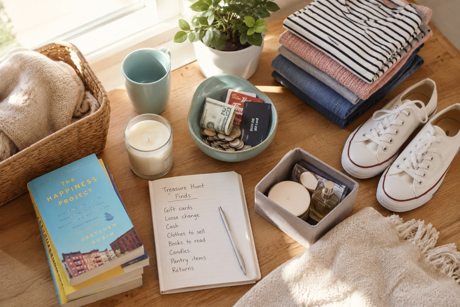 Household items arranged on a table with cash, gift cards, folded clothes, shoes, books, and a treasure hunt list