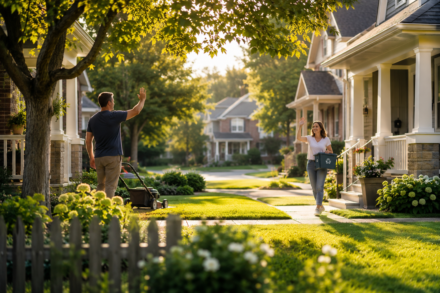Older couple standing outside their home in a quiet neighbourhood