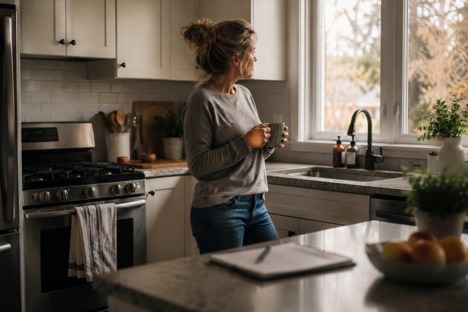 A woman holding a mug in a warm kitchen beside a stove and window