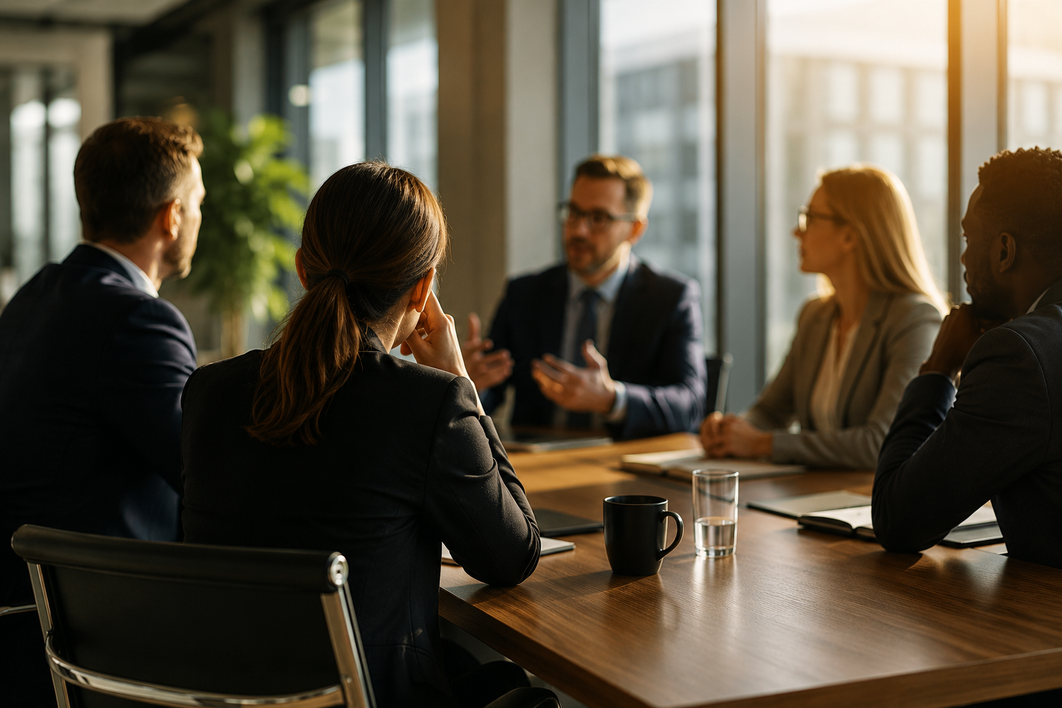 Television showing stock prices while coworkers discuss the markets