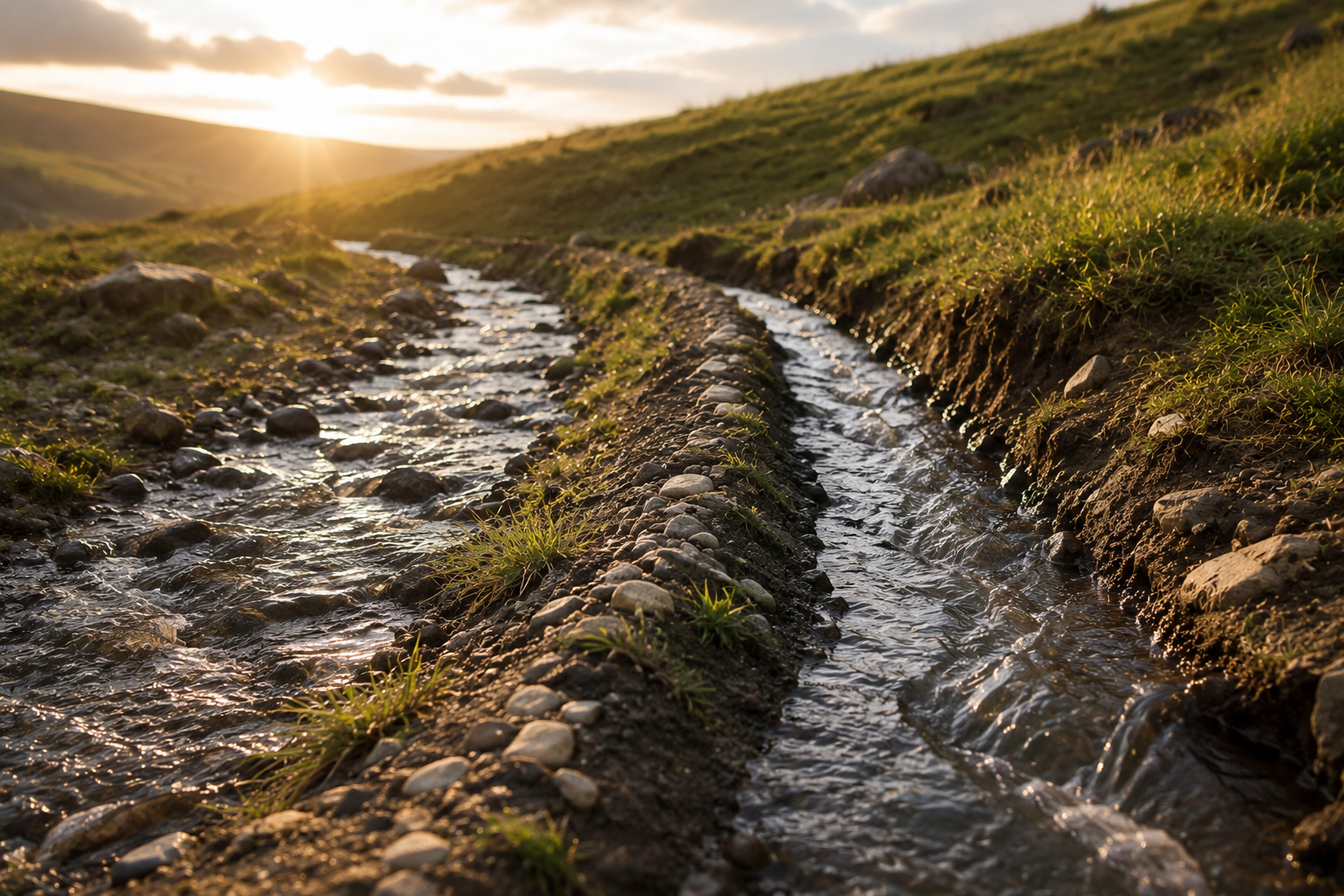Rainwater flowing through shallow channels on a hillside