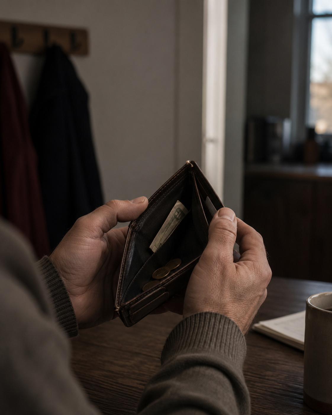 A person holding an open wallet with a few coins and a banknote