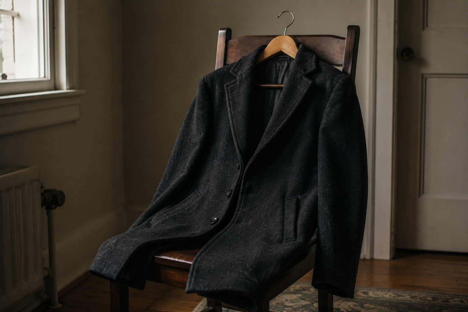 A dark wool winter coat hanging on a wooden chair near a window
