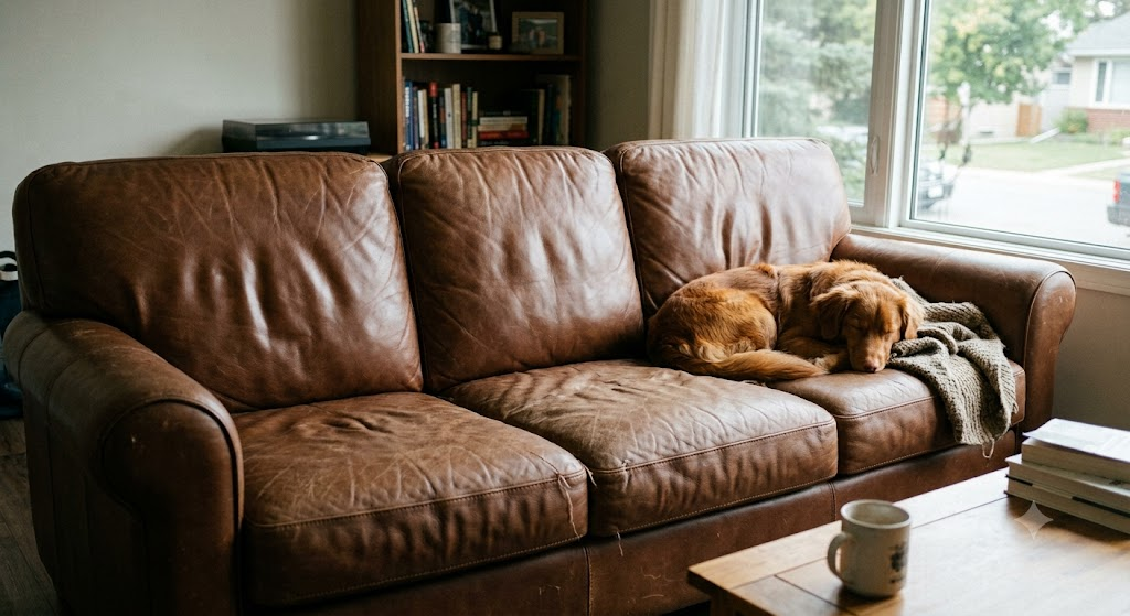 Worn brown leather sofa with a dog resting in his favourite spot beside a window