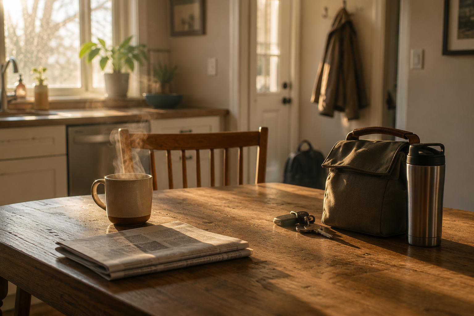 Coffee, keys and a pay statement on a kitchen table before work