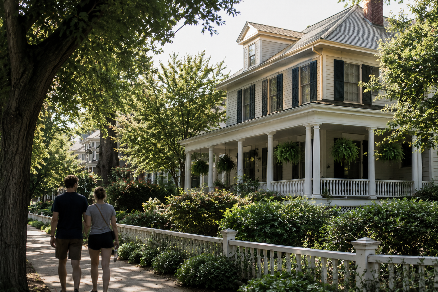 Two people walking past a large house with a front porch