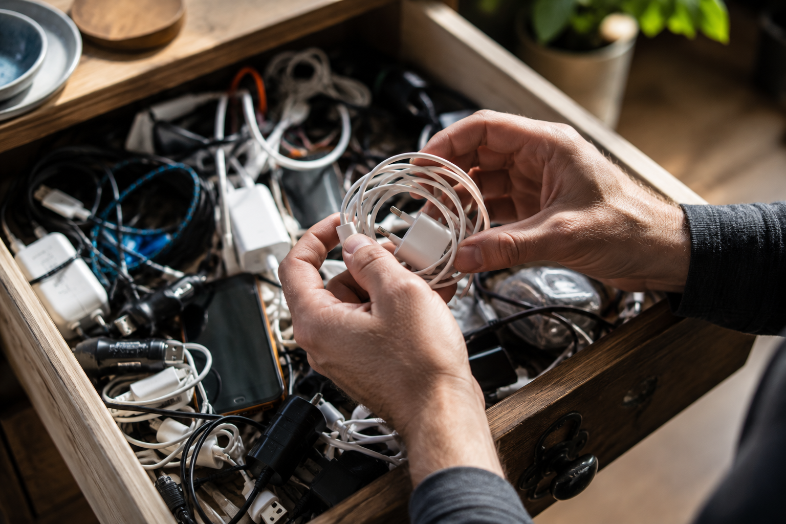 A drawer overflowing with old phone chargers and cables