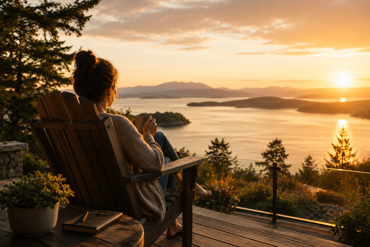 Person sitting in a cave looking out at a mountain lake at sunset