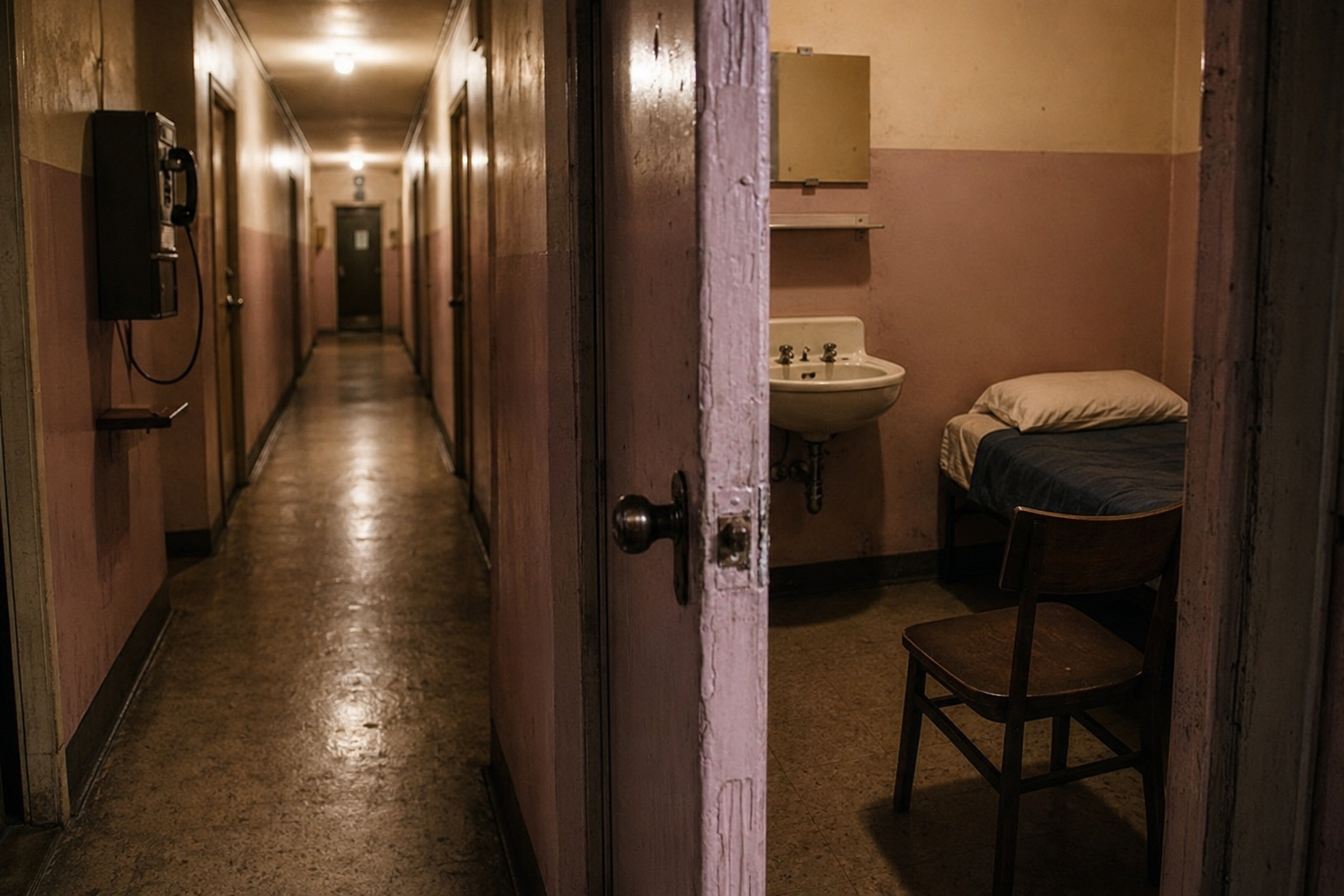 A dim hallway in an old residence beside a small room with a bed, sink, and chair
