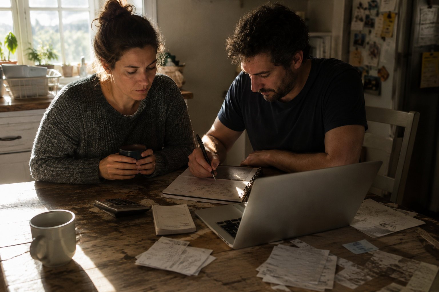 Person reading financial notes and learning about investing beside a notebook and cup of coffee