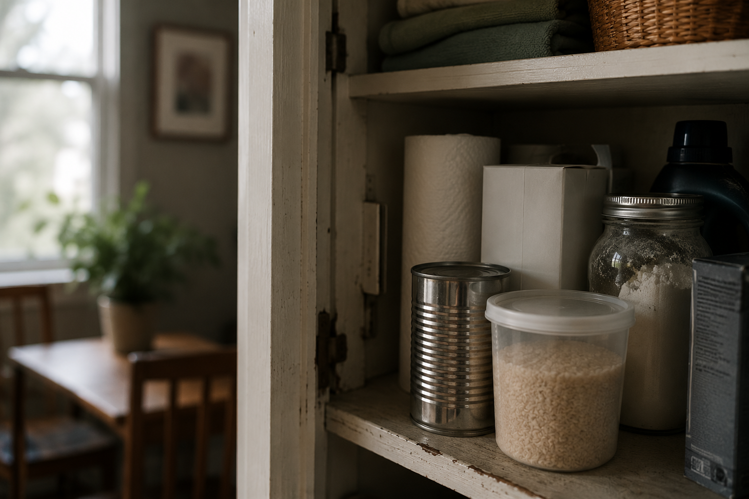 An open cupboard stocked with pantry staples and household supplies