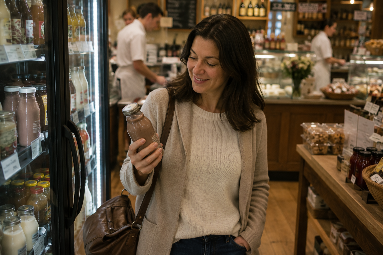 Woman looking at a glass bottle of chocolate milk in a specialty grocery store