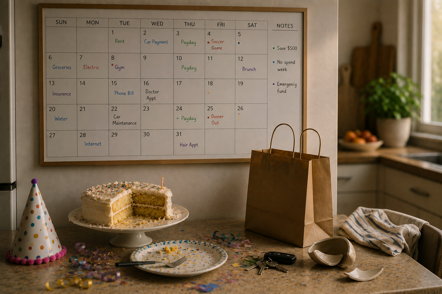 A kitchen calendar with paydays and expenses above a counter with birthday items and car keys